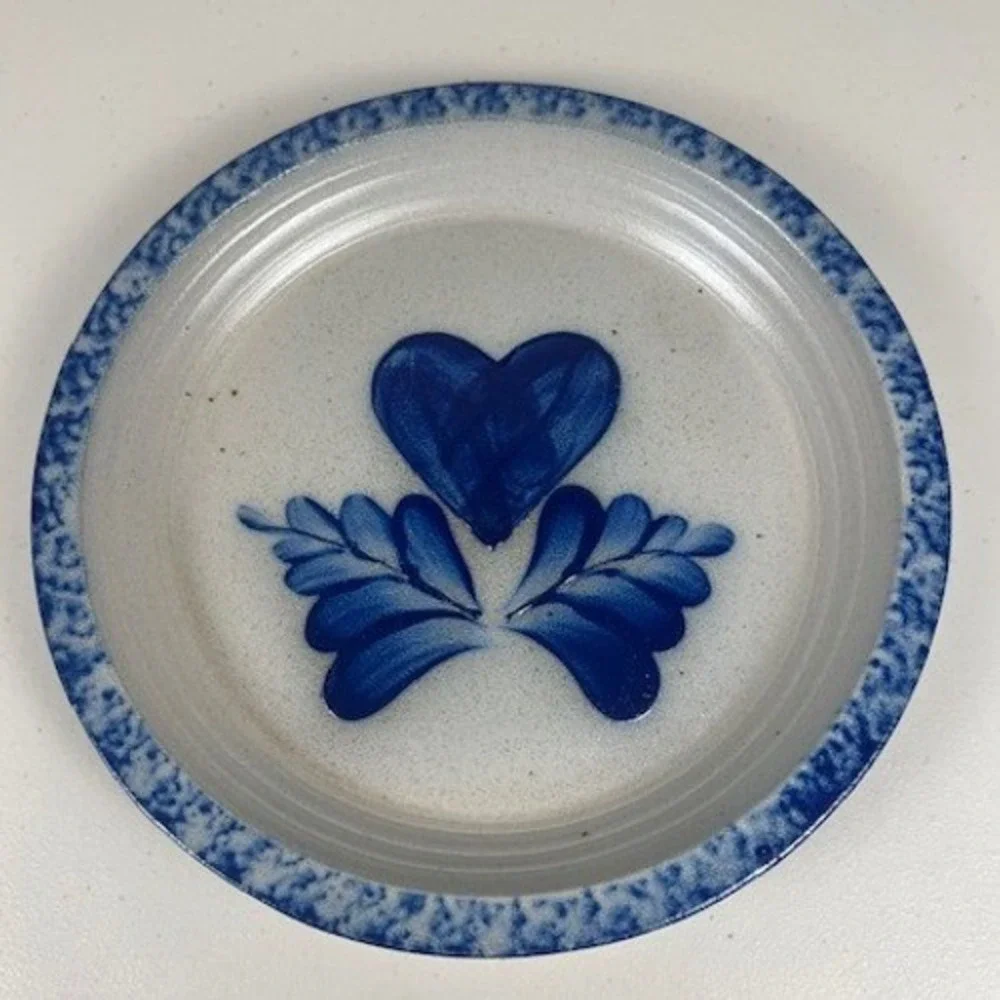 Eldreth Pottery Salt Glazed Cobalt‎ Blue Heart Leaves Pie Plate Signed MCM